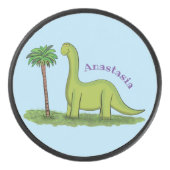 Cute happy green brontosaurus dinosaur cartoon hockey puck (Voorkant)