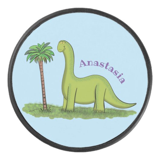 Cute happy green brontosaurus dinosaur cartoon hockey puck (Voorkant)