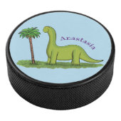 Cute happy green brontosaurus dinosaur cartoon hockey puck (3/4)