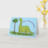 Cute happy green brontosaurus dinosaur cartoon kaart (Gele Bloem)