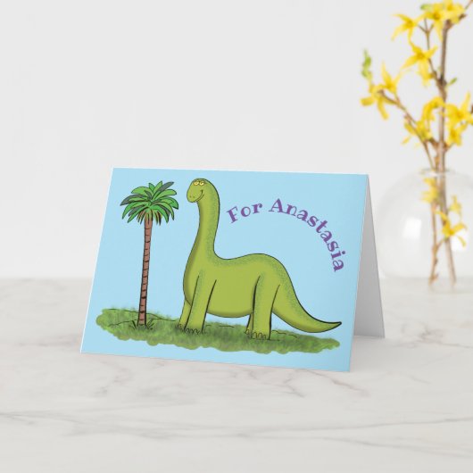 Cute happy green brontosaurus dinosaur cartoon kaart (Gele Bloem)