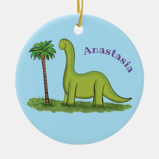 Cute happy green brontosaurus dinosaur cartoon keramisch ornament (Voorkant)