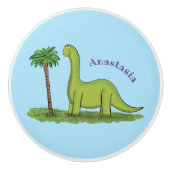Cute happy green brontosaurus dinosaur cartoon keramische knop (Voorkant)