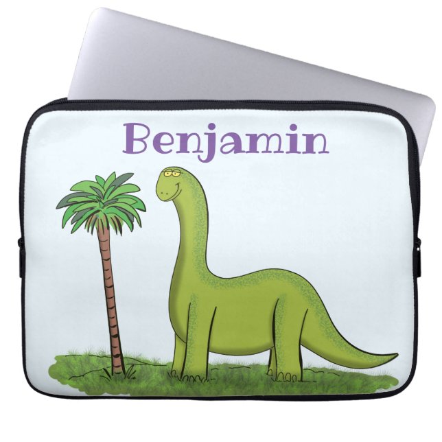 Cute happy green brontosaurus dinosaur cartoon laptop sleeve (Voorkant)