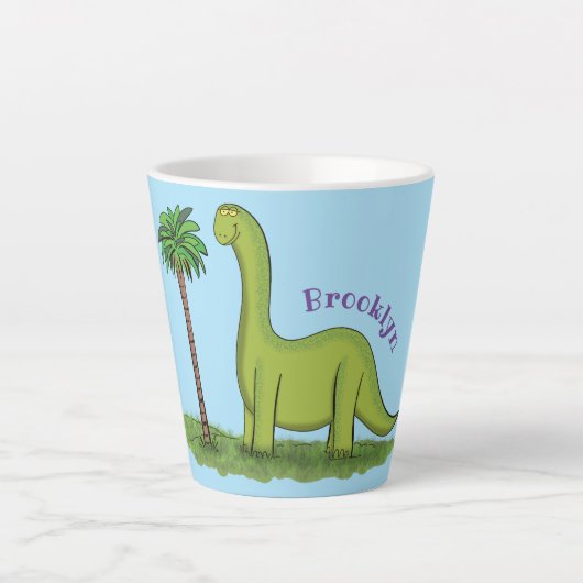 Cute happy green brontosaurus dinosaur cartoon latte mok (Voorkant)