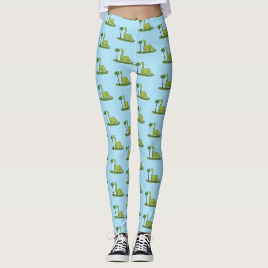 Cute happy green brontosaurus dinosaur cartoon leggings (Voorkant)