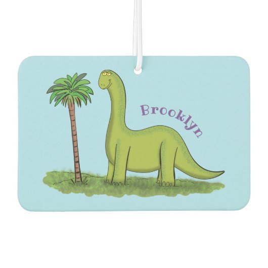 Cute happy green brontosaurus dinosaur cartoon luchtverfrisser (Voorkant)
