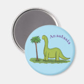 Cute happy green brontosaurus dinosaur cartoon magneet (Voorkant / Achterkant)