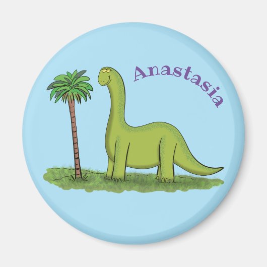 Cute happy green brontosaurus dinosaur cartoon magneet (Voorkant)