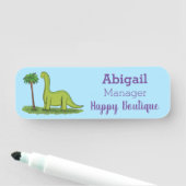 Cute happy green brontosaurus dinosaur cartoon naamplaatje (In situ)
