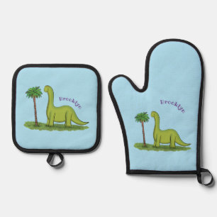 Cute happy green brontosaurus dinosaur cartoon ovenwant & pannenlap set