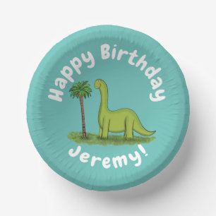 Cute happy green brontosaurus dinosaur cartoon papieren kommen
