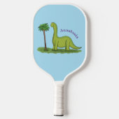 Cute happy green brontosaurus dinosaur cartoon pickleball paddle (Achterkant)