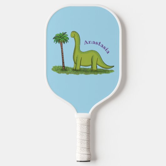 Cute happy green brontosaurus dinosaur cartoon pickleball paddle (Voorkant)