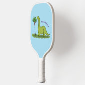 Cute happy green brontosaurus dinosaur cartoon pickleball paddle (Links)