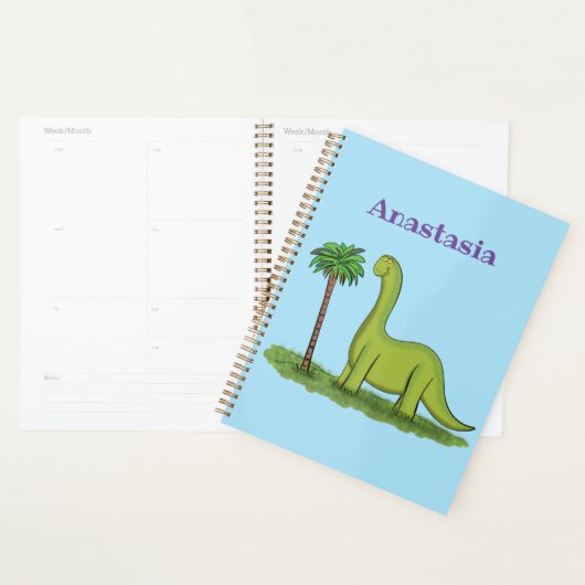 Cute happy green brontosaurus dinosaur cartoon planner (Display)
