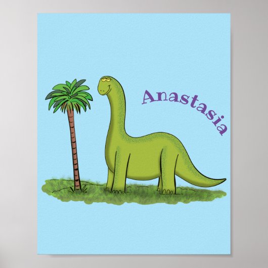 Cute happy green brontosaurus dinosaur cartoon poster (Voorkant)