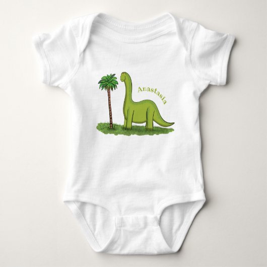 Cute happy green brontosaurus dinosaur cartoon romper (Voorkant)