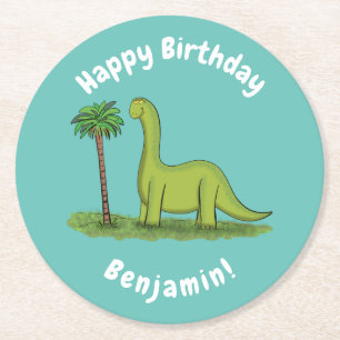 Cute happy green brontosaurus dinosaur cartoon ronde kartonnen onderzetter