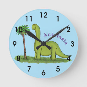 Cute happy green brontosaurus dinosaur cartoon ronde klok