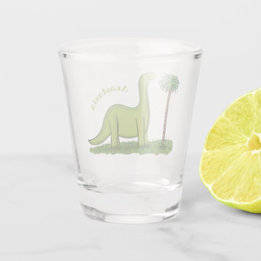 Cute happy green brontosaurus dinosaur cartoon shot glas (Achterkant)