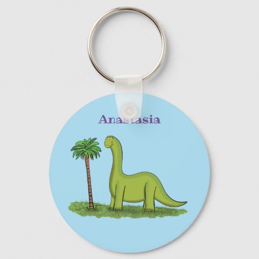 Cute happy green brontosaurus dinosaur cartoon sleutelhanger (Voorkant)