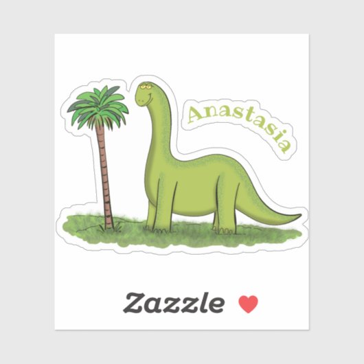 Cute happy green brontosaurus dinosaur cartoon sticker (Vel)
