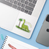 Cute happy green brontosaurus dinosaur cartoon sticker (Laptop met iPhone)