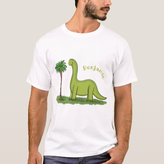 Cute happy green brontosaurus dinosaur cartoon t-shirt (Voorkant)