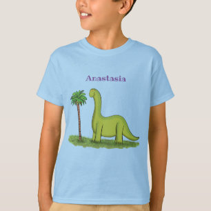 Cute happy green brontosaurus dinosaur cartoon t-shirt