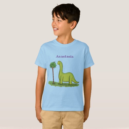 Cute happy green brontosaurus dinosaur cartoon t-shirt (Voorkant volledig)