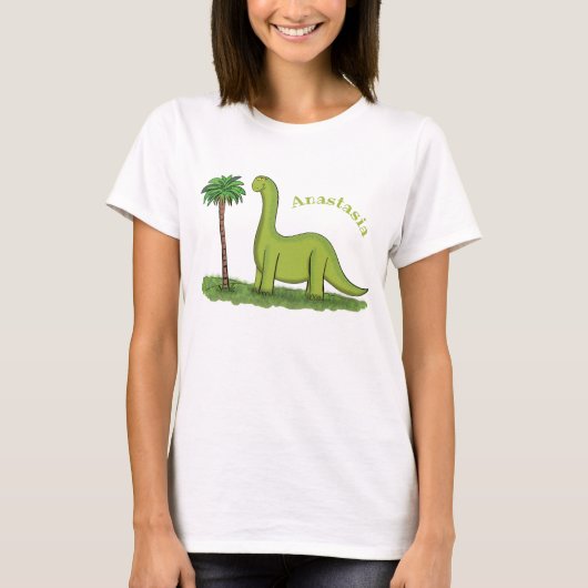 Cute happy green brontosaurus dinosaur cartoon t-shirt (Voorkant)