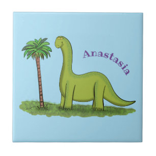 Cute happy green brontosaurus dinosaur cartoon tegeltje