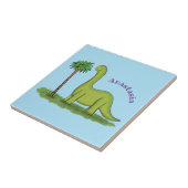 Cute happy green brontosaurus dinosaur cartoon tegeltje (Zijkant)