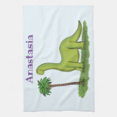 Cute happy green brontosaurus dinosaur cartoon theedoek (Verticaal)