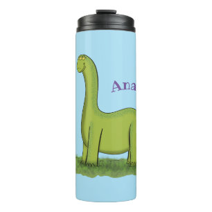 Cute happy green brontosaurus dinosaur cartoon thermosbeker