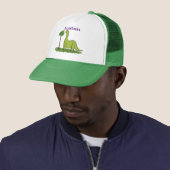 Cute happy green brontosaurus dinosaur cartoon trucker pet (In situ)