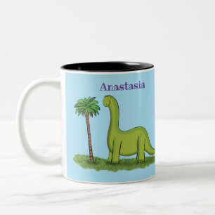 Cute happy green brontosaurus dinosaur cartoon tweekleurige koffiemok