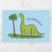 Cute happy green brontosaurus dinosaur cartoon voedselcontainer etiket (Enkel label)