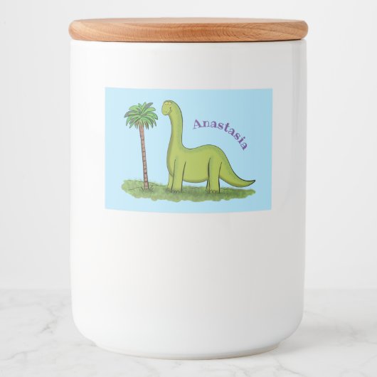 Cute happy green brontosaurus dinosaur cartoon voedselcontainer etiket (Voorkant)
