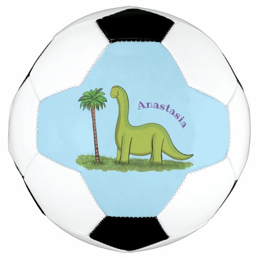 Cute happy green brontosaurus dinosaur cartoon voetbal (Voorkant)