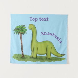 Cute happy green brontosaurus dinosaur cartoon wandkleed