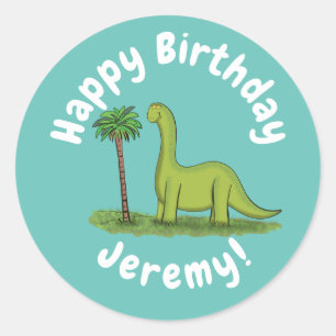 Cute happy green brontosaurus dinosaur ronde sticker