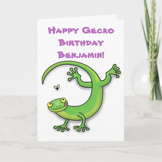 Cute happy green gecko cartoon kaart (Voorkant)