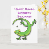 Cute happy green gecko cartoon kaart (Gele Bloem)