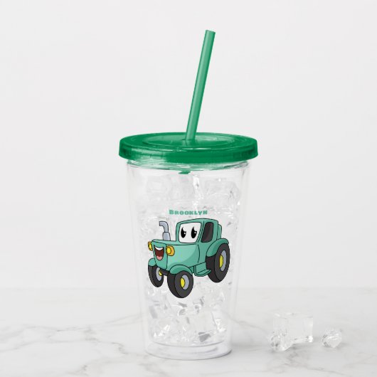 Cute happy green tractor cartoon acryl drinkbeker (Achterkant ijs)