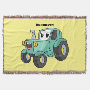 Cute happy green tractor cartoon deken