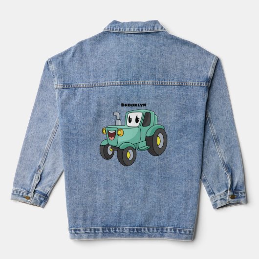 Cute happy green tractor cartoon denim jacket (Achterkant)