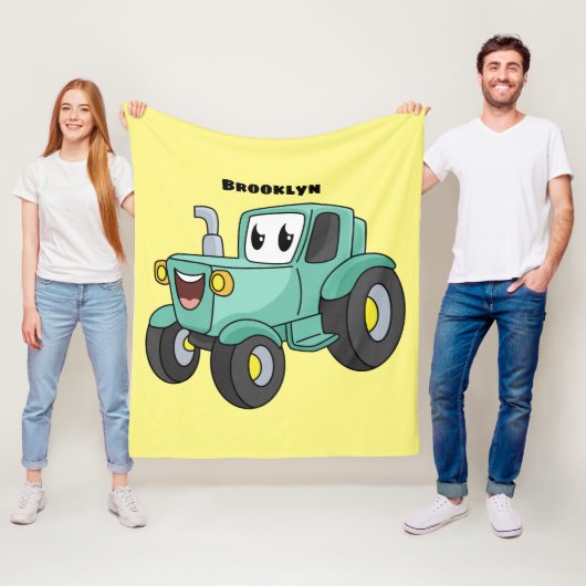 Cute happy green tractor cartoon fleece deken (In situ)