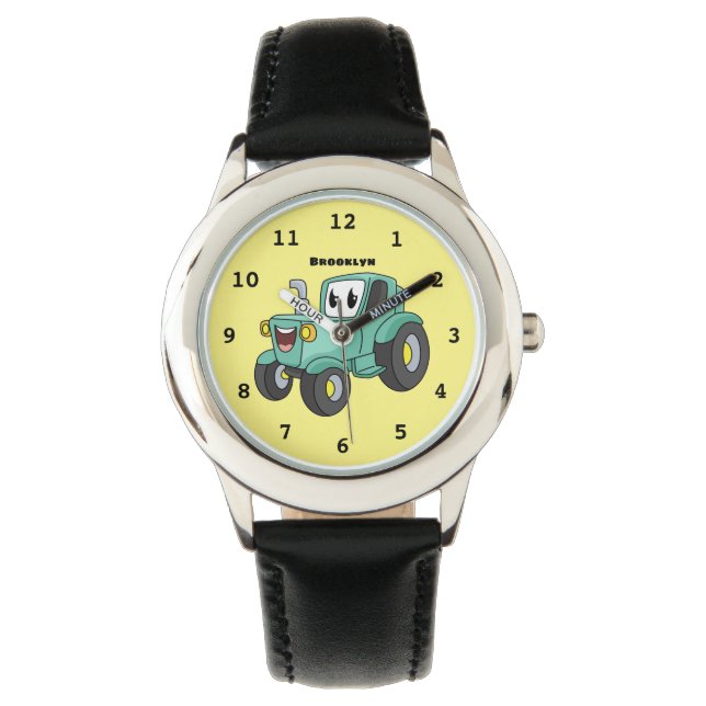 Cute happy green tractor cartoon horloge (Voorkant)